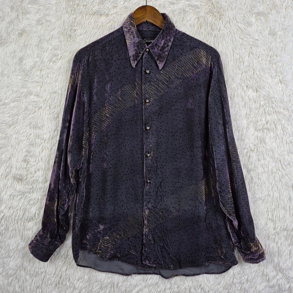 Vtg Genelli Silk Blend Purple Gold Ribbed Velvet Button Down Shirt Mens Medium